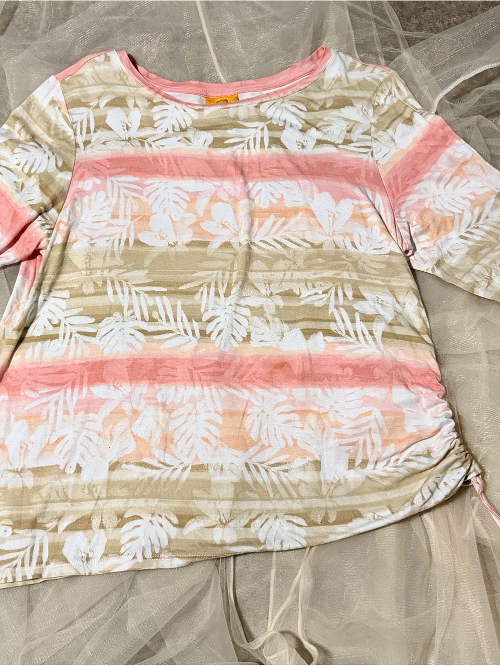 Ruby Rd. Pink and White Striped Top with Tropical Print